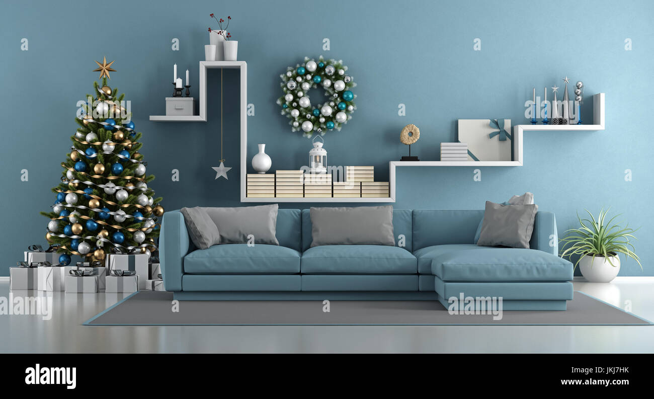 Blue modern living room with christmas tree,elegant sofa and white shelf with decor objects - 3d rendering Stock Photo
