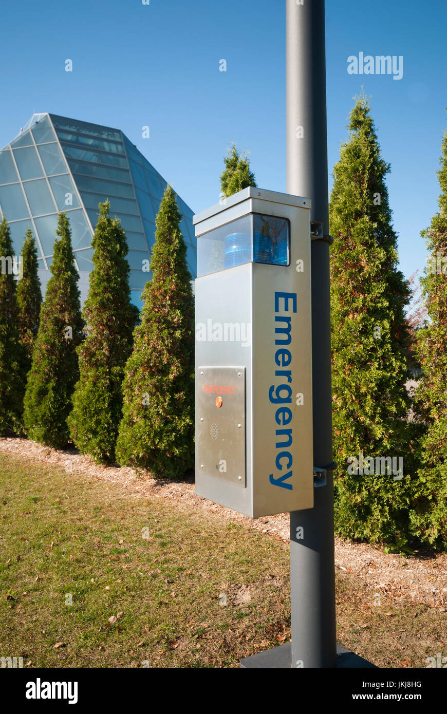 Emergency call box in the garden grounds of the Ismaili centre and Aga Khan museum in Toronto Ontario Canada Stock Photo