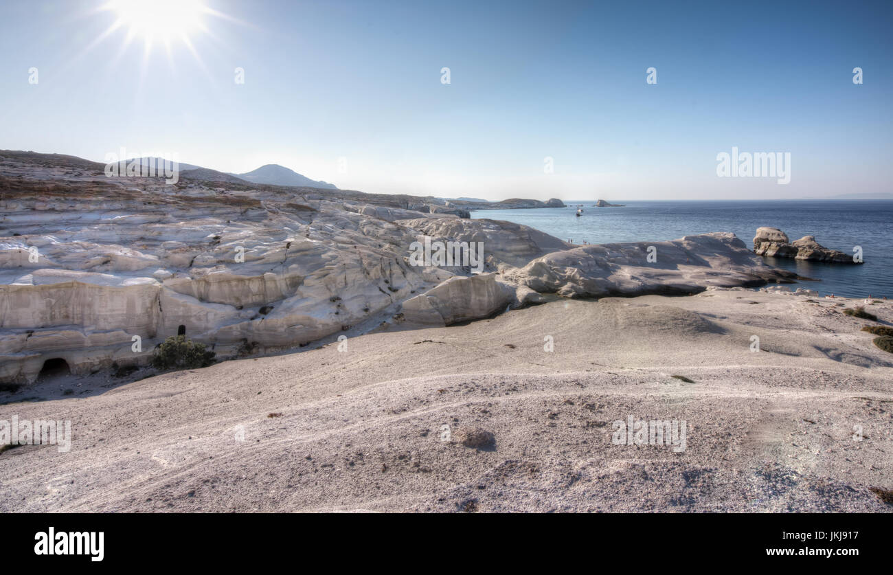 Sarakiniko beach: the moon-like scenic white rock formations in Milos island, Greece Stock Photo