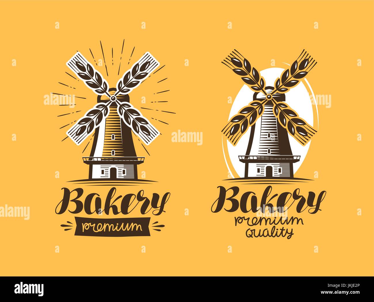 Bakery, bakehouse logo or icon. Bread, mill, windmill label. Lettering vector illustration Stock Vector