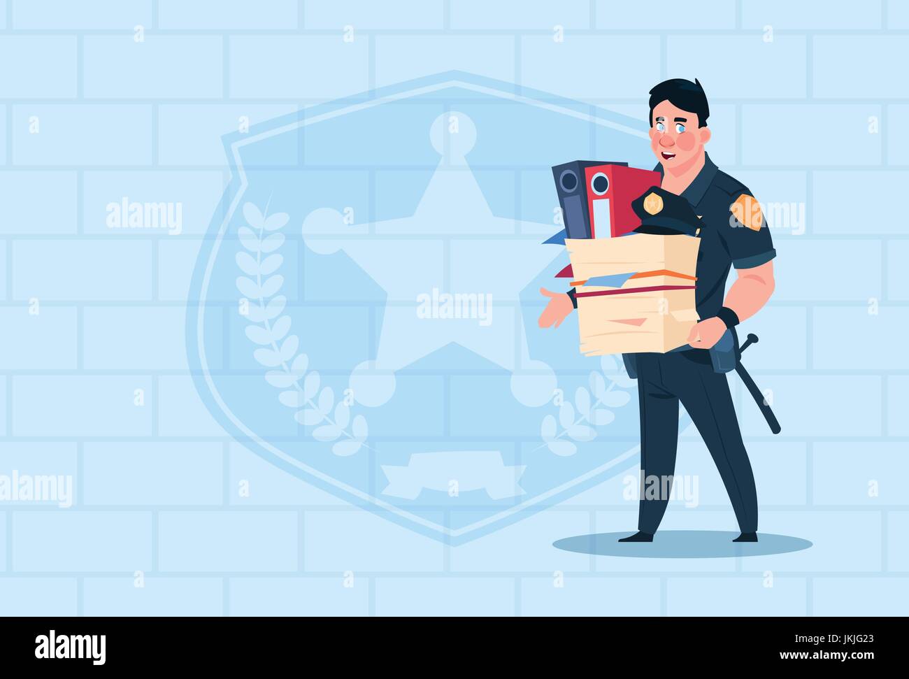 Policeman Fired Hold Box With Working Staff Wearing Uniform Cop Guard Over Brick Background Stock Vector