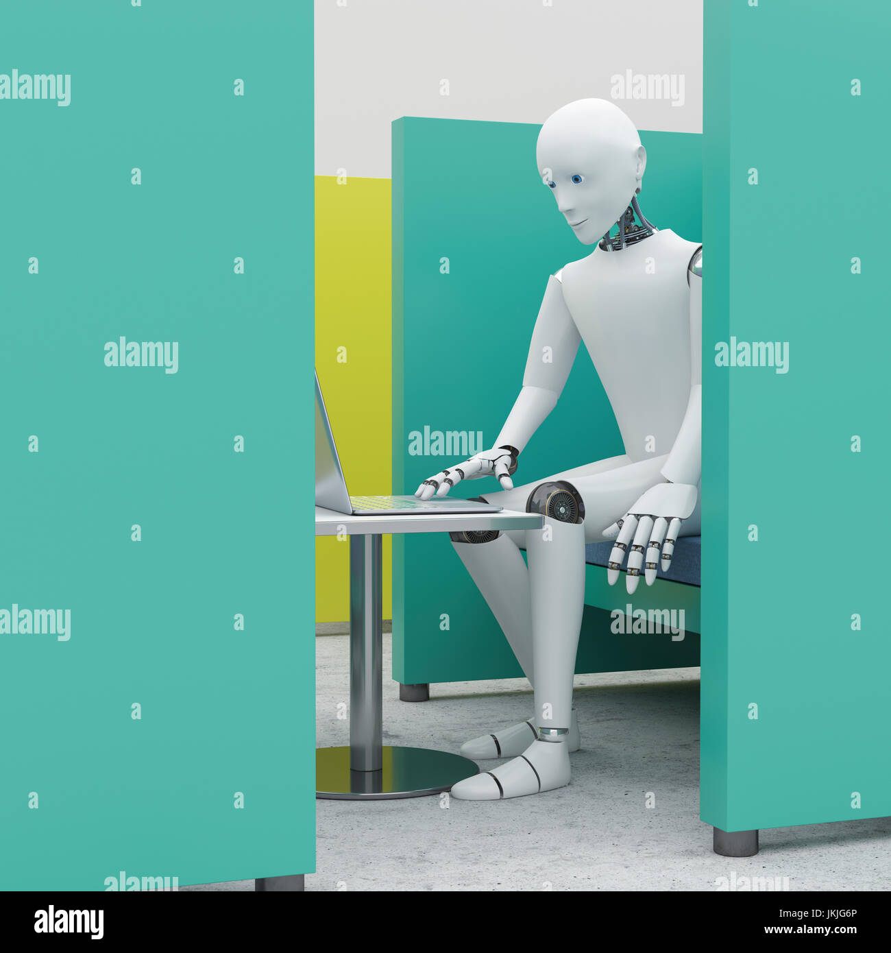 Robot using laptop in office cubicle, 3d rendering Stock Photo
