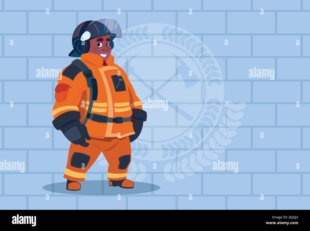 African American Fireman Wearing Uniform And Helmet Adult Fire Fighter Stand Over Brick Background Stock Vector