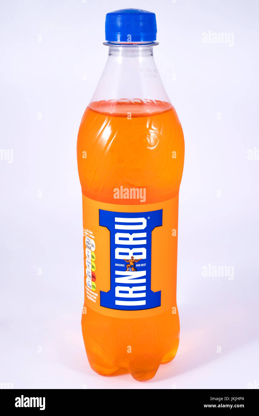 LONDON, UK JULY 7TH 2017 An unopened bottle of IrnBru over a plain