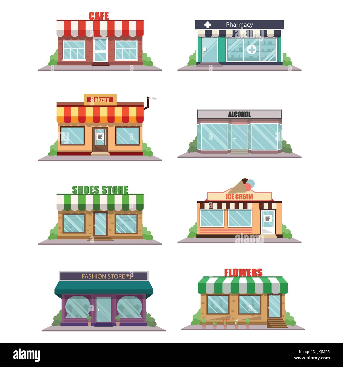 Set of vector flat design  shops facade icons. Cafe, pharmacy, fashion store, bakery, alcohol, flowers, shoes store and ice cream Stock Vector