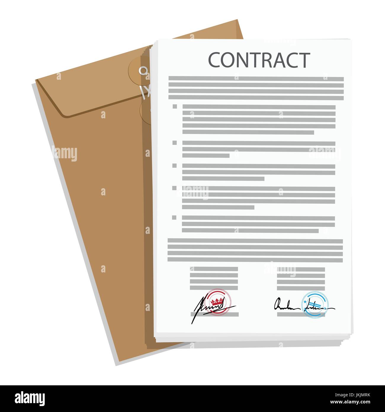 Vector illustration of signed business contract, agreement icon with round stamps and brown