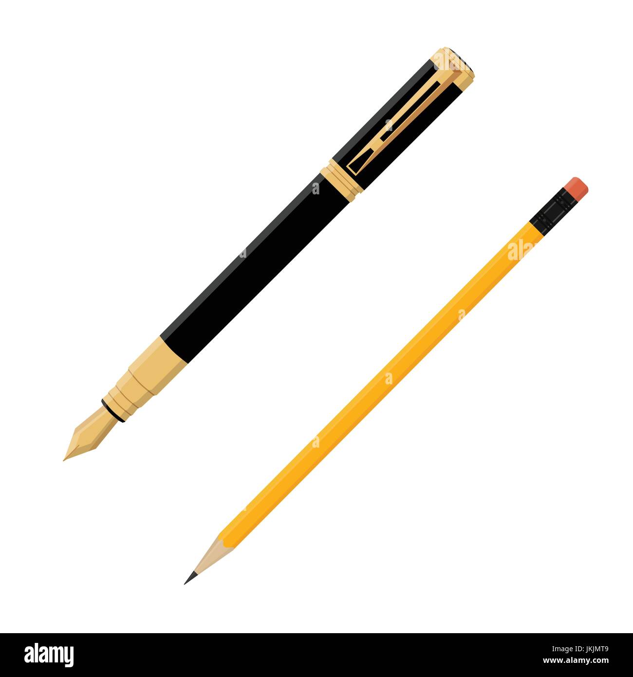 Vector illustration golden, black vintage fountain pen. Yellow pencil