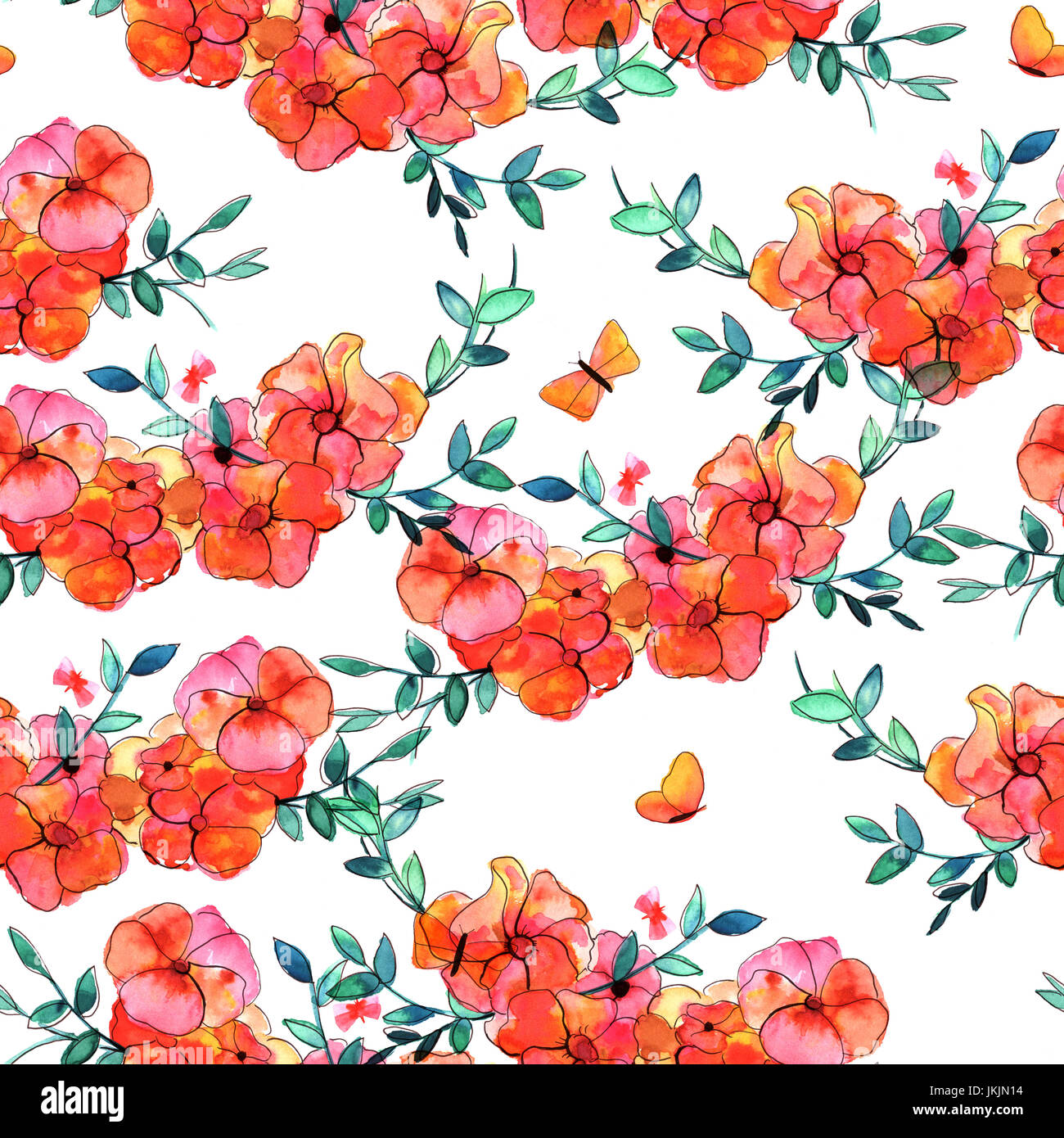 Seamless pattern, abstract watercolor butterflies, flowers, and Stock ...