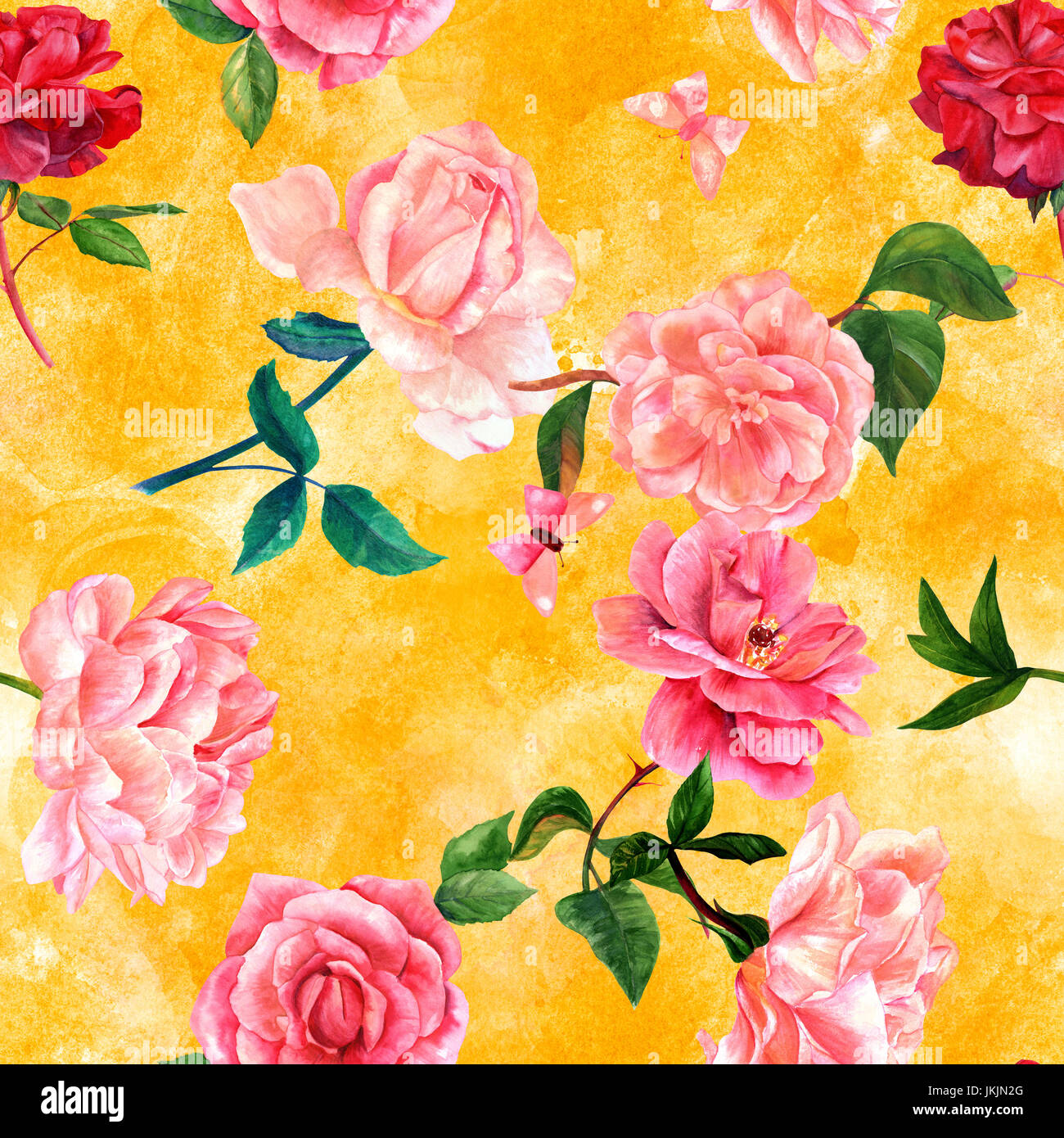 Seamless pattern of watercolor flowers and butterflies on golden Stock ...