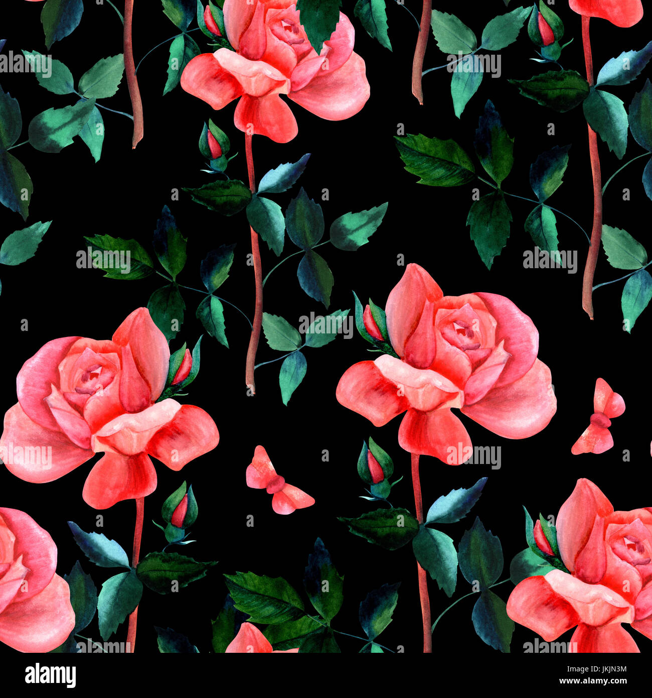 Seamless pattern with watercolor rose and butterfly on black Stock ...