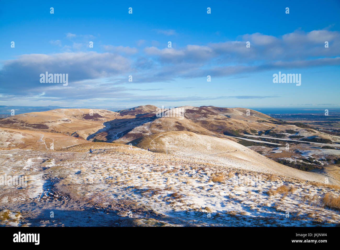 Looking from Carnethy Hill towards Turnhouse  hill and Castlelaw Hill in the Pentland Hills near Edinburgh. Stock Photo