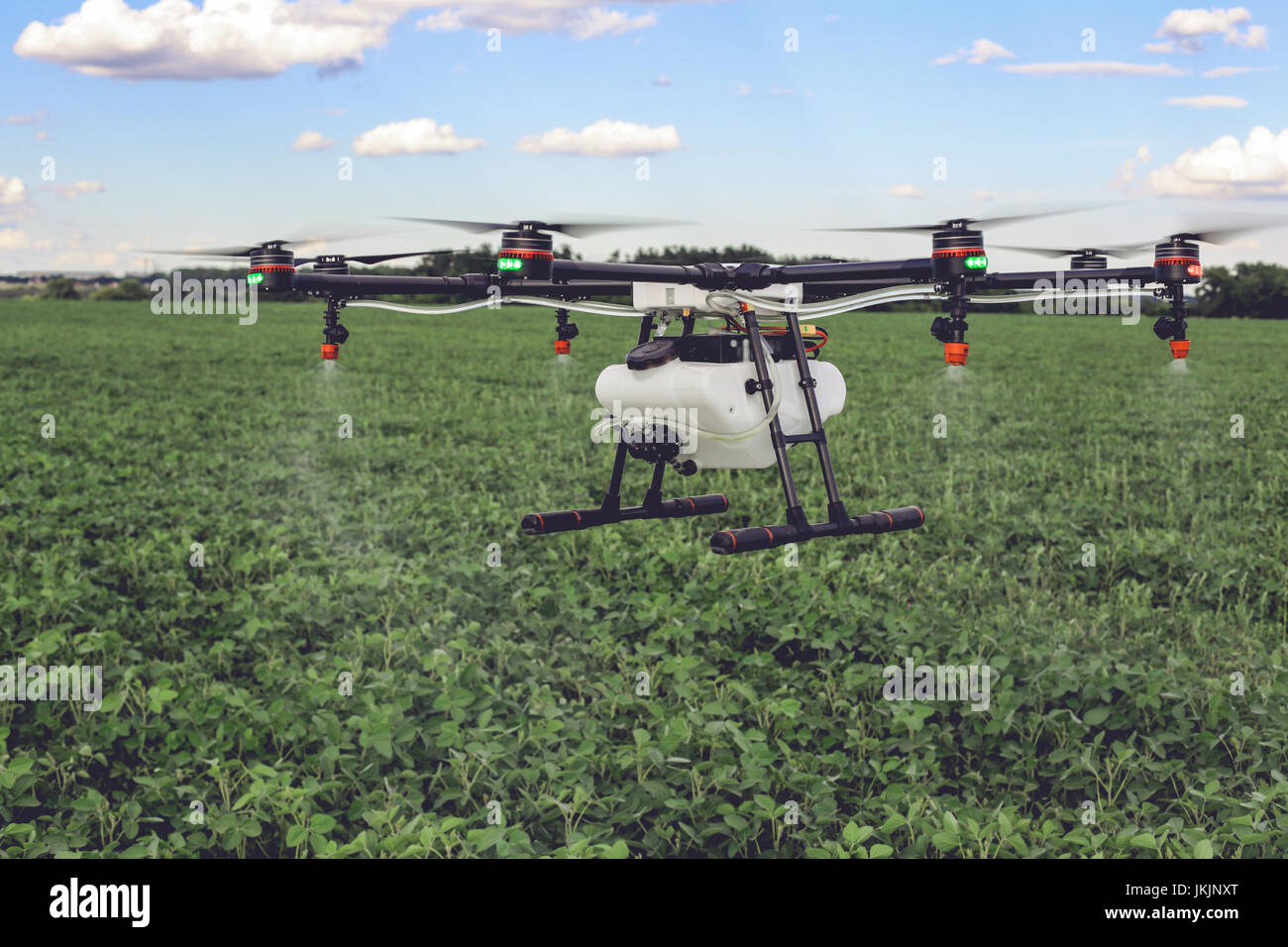 Agriculture drone fly to sprayed fertilizer on the green fields. Stock Photo