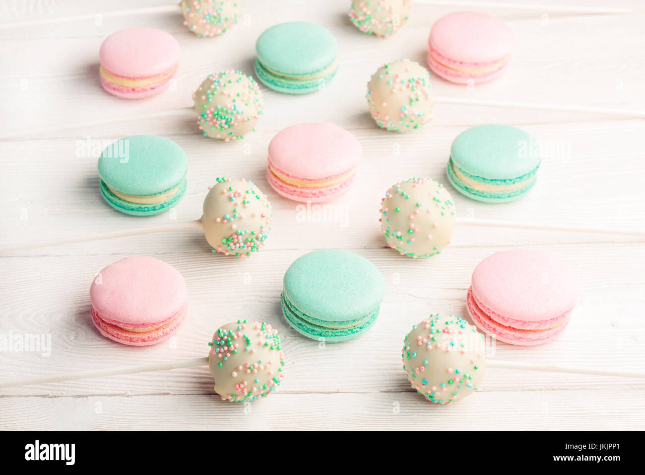 Collection of colorful macaroons with cake pops Stock Photo