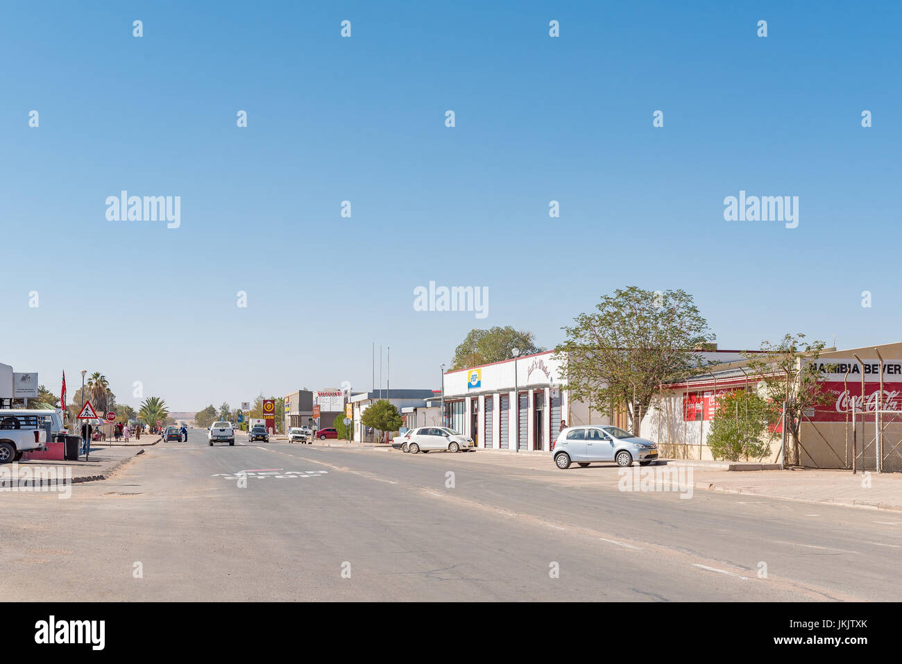 MARIENTAL, NAMIBIA - JUNE 14, 2017: A street scene with businesses and vehicles in Mariental, the capital town of the Hardap Region in Namibia Stock Photo