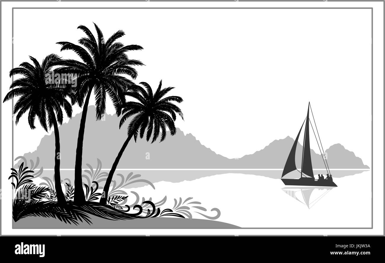 Рисунок море Пальма и корабль