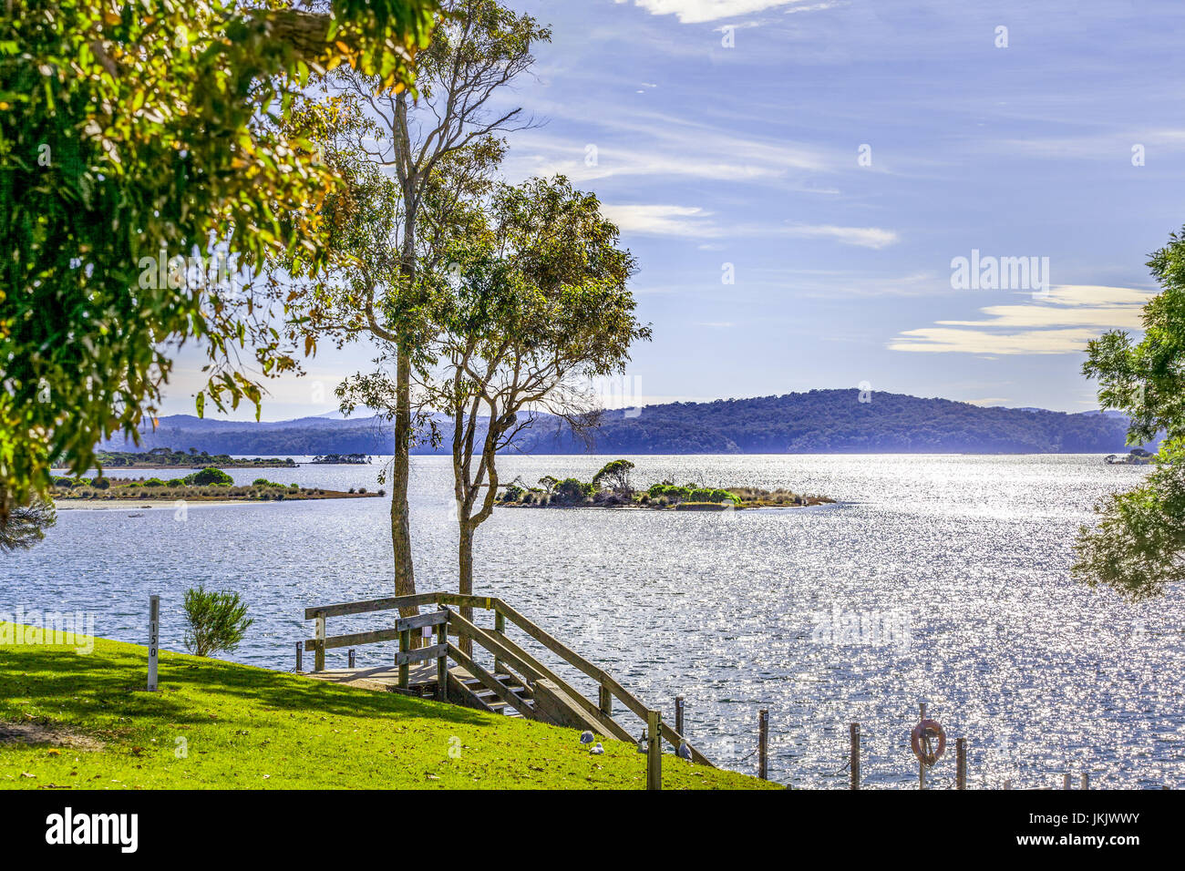 Australian Landscape at Mallacoota - shores of Wallagaraugh River, Goat Horse and Rabbit Islands near Croajingolong National Park, Australia Stock Photo