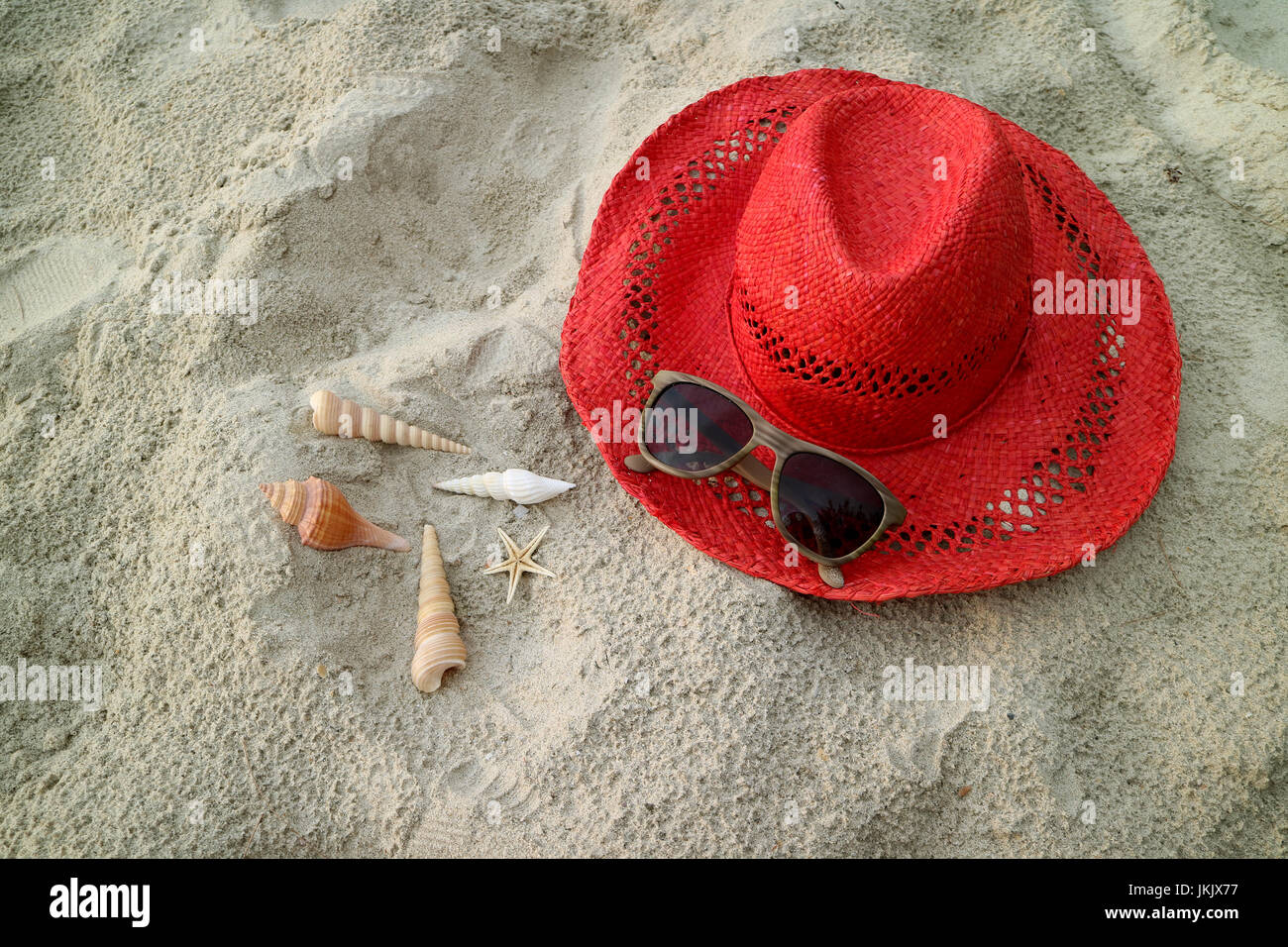 Red straw hat with brown sunglasses and many types of natural seashells ...