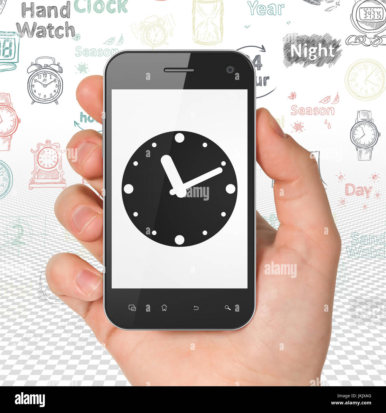 Time concept: Hand Holding Smartphone with Clock on display Stock Photo ...