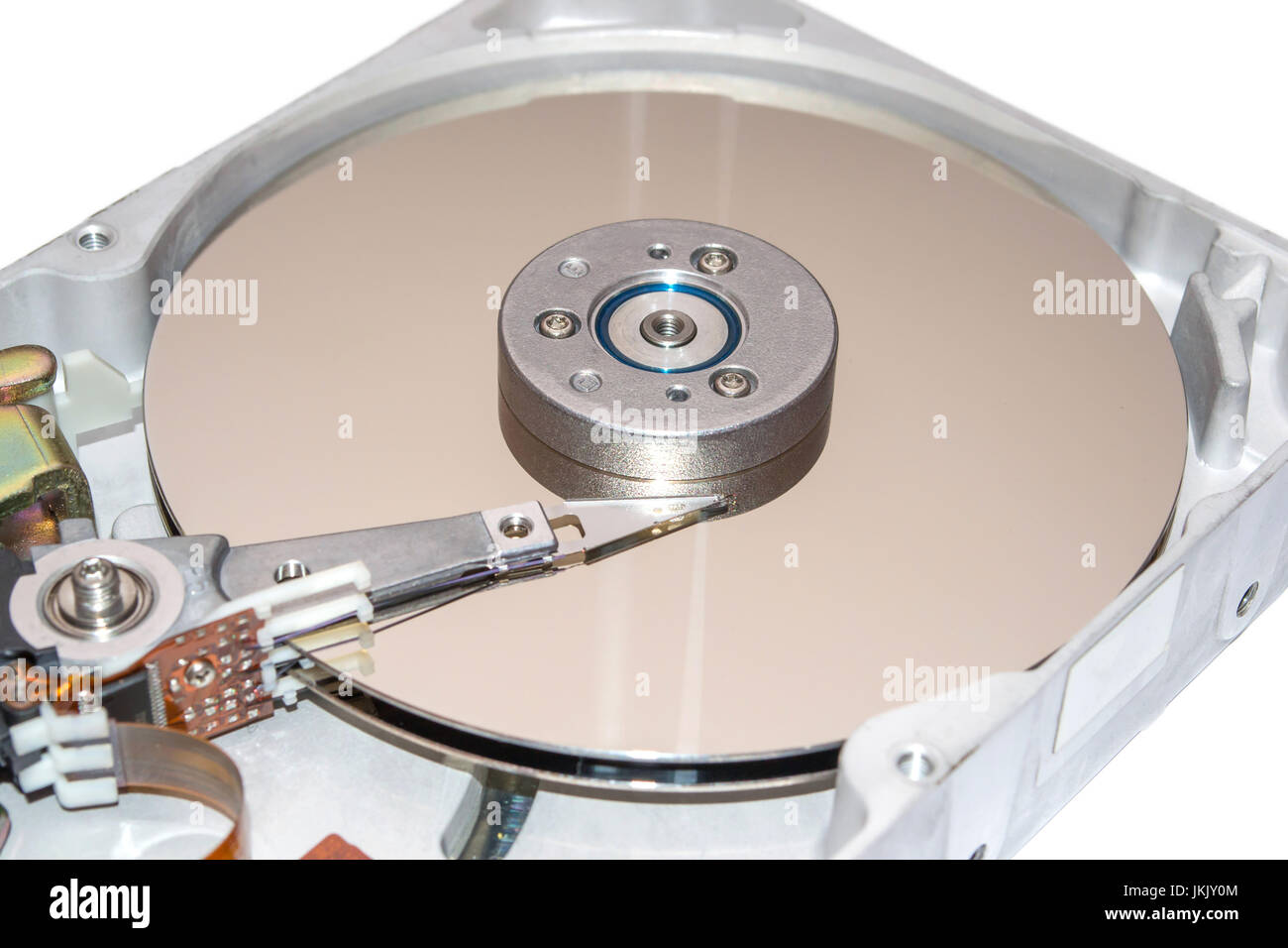 Closeup of inside of a hard disk drive HDD. Stock Photo