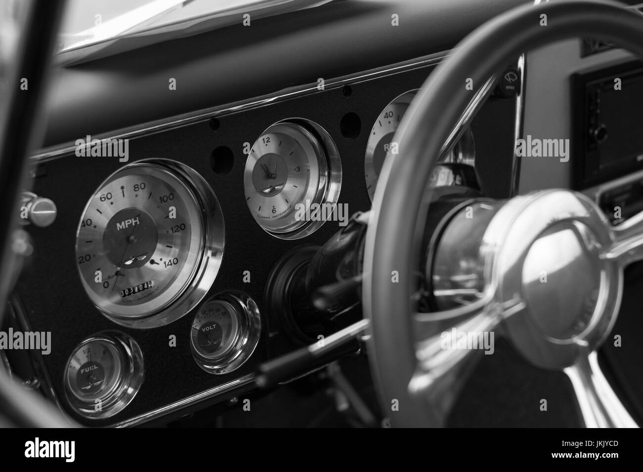 Vintage cars' exterior and interior at car show Stock Photo