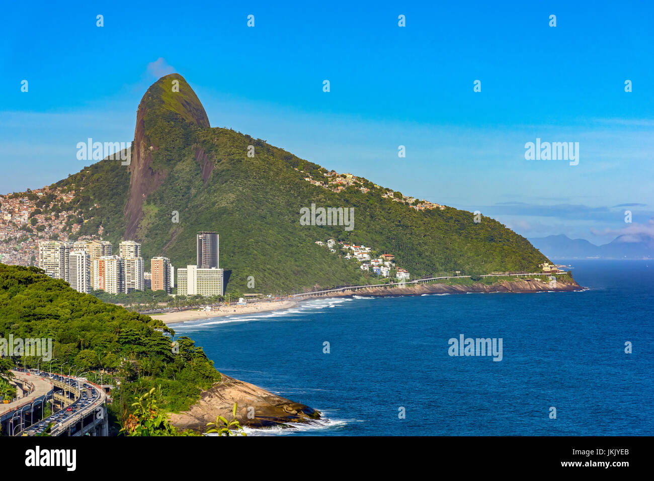 Teo Brothers hill, Sao Conrado beach and slums of Rocinha and Vidigal in Rio de Janeiro Stock Photo