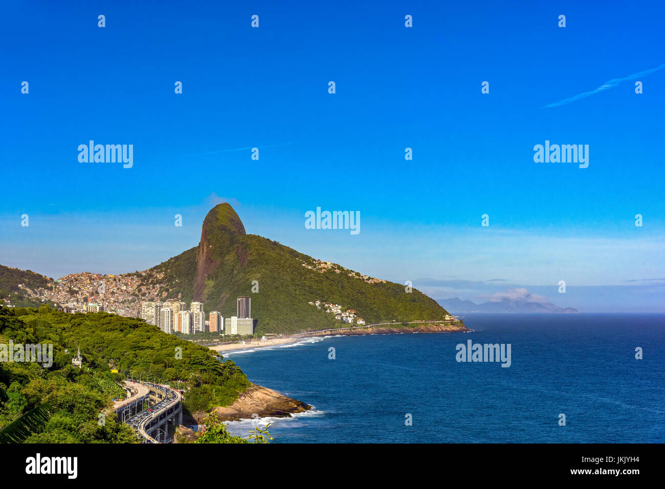 Teo Brothers hill, Sao Conrado beach and slums of Rocinha and Vidigal in Rio de Janeiro Stock Photo