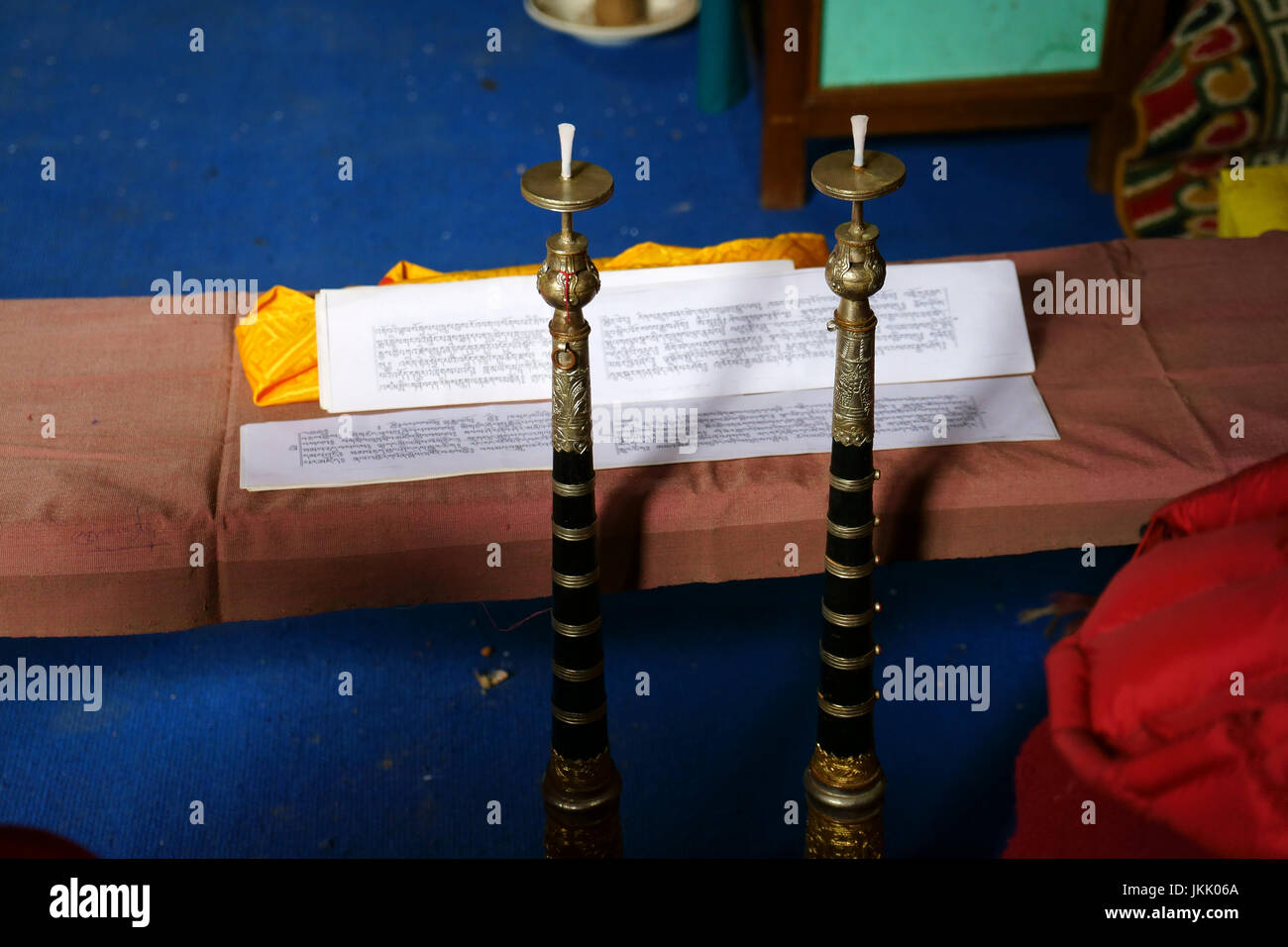 Trumpets and mantra skipts used at Bhuddist pryer, Phbjikha valley, Bhutan Stock Photo