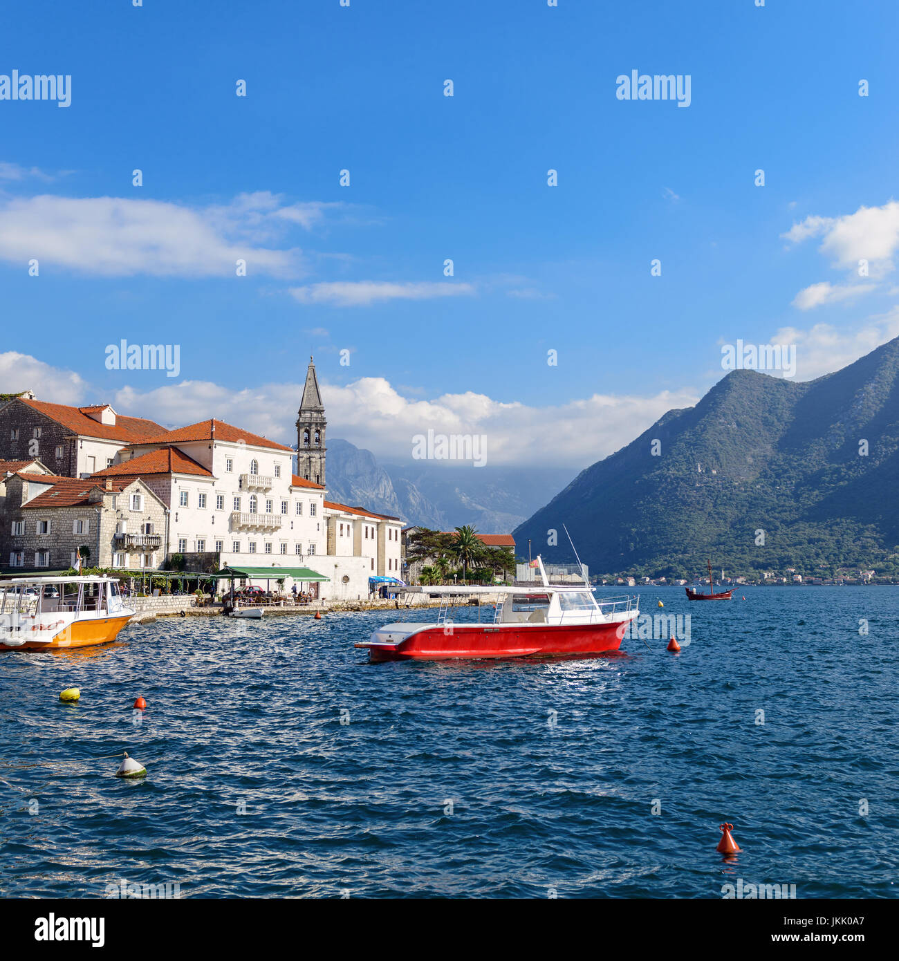 Beautiful sunny day in Perast, Montenegro, mediterranean landscape, Kotor bay (Boka Kotorska), Montenegro, Europe, old historical town and resort. Stock Photo