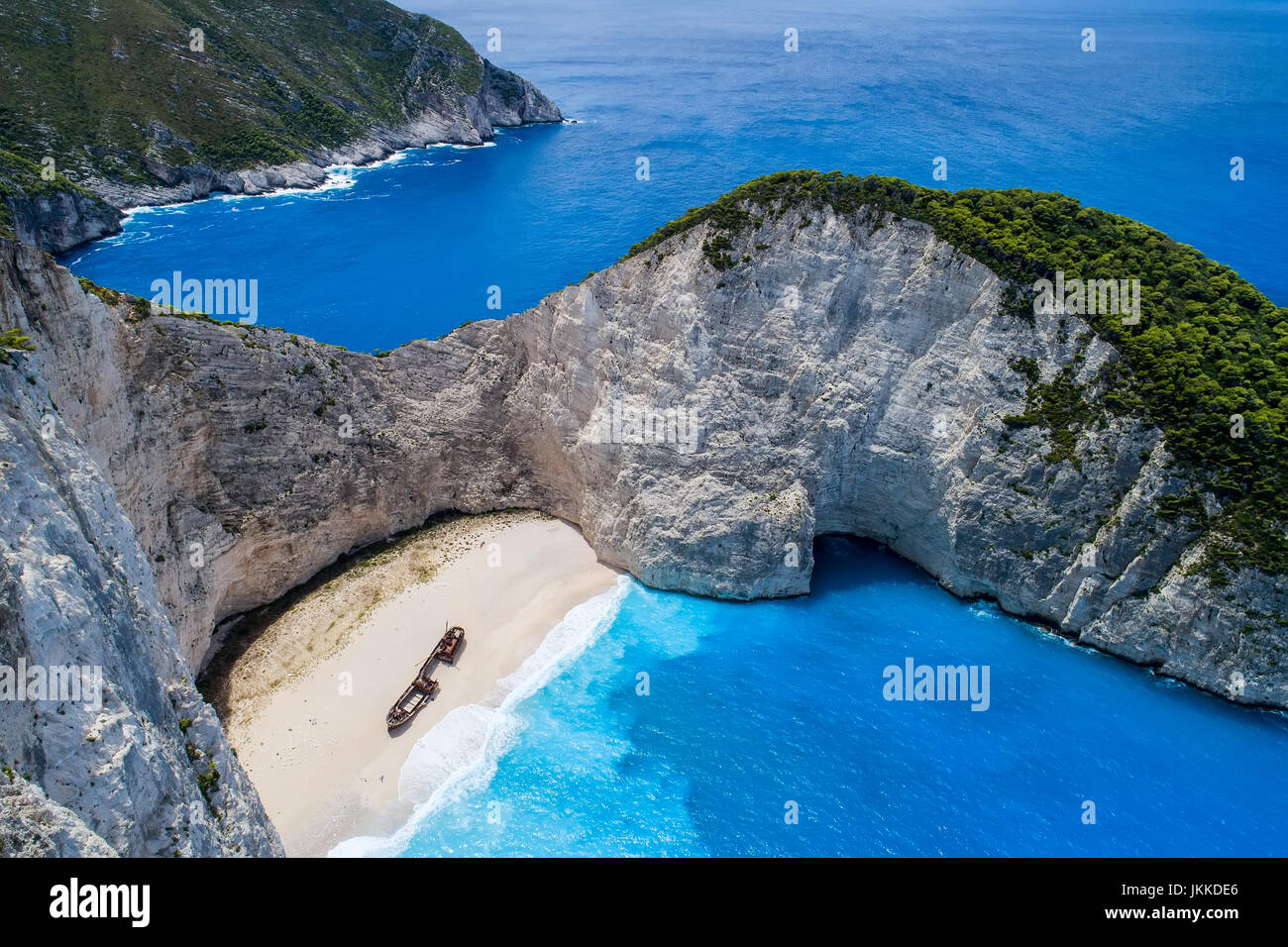 Aerial view of Navagio (Shipwreck) Beach in Zakynthos island, Greece. Navagio Beach is a popular attraction among tourists visiting the island of Zaky Stock Photo