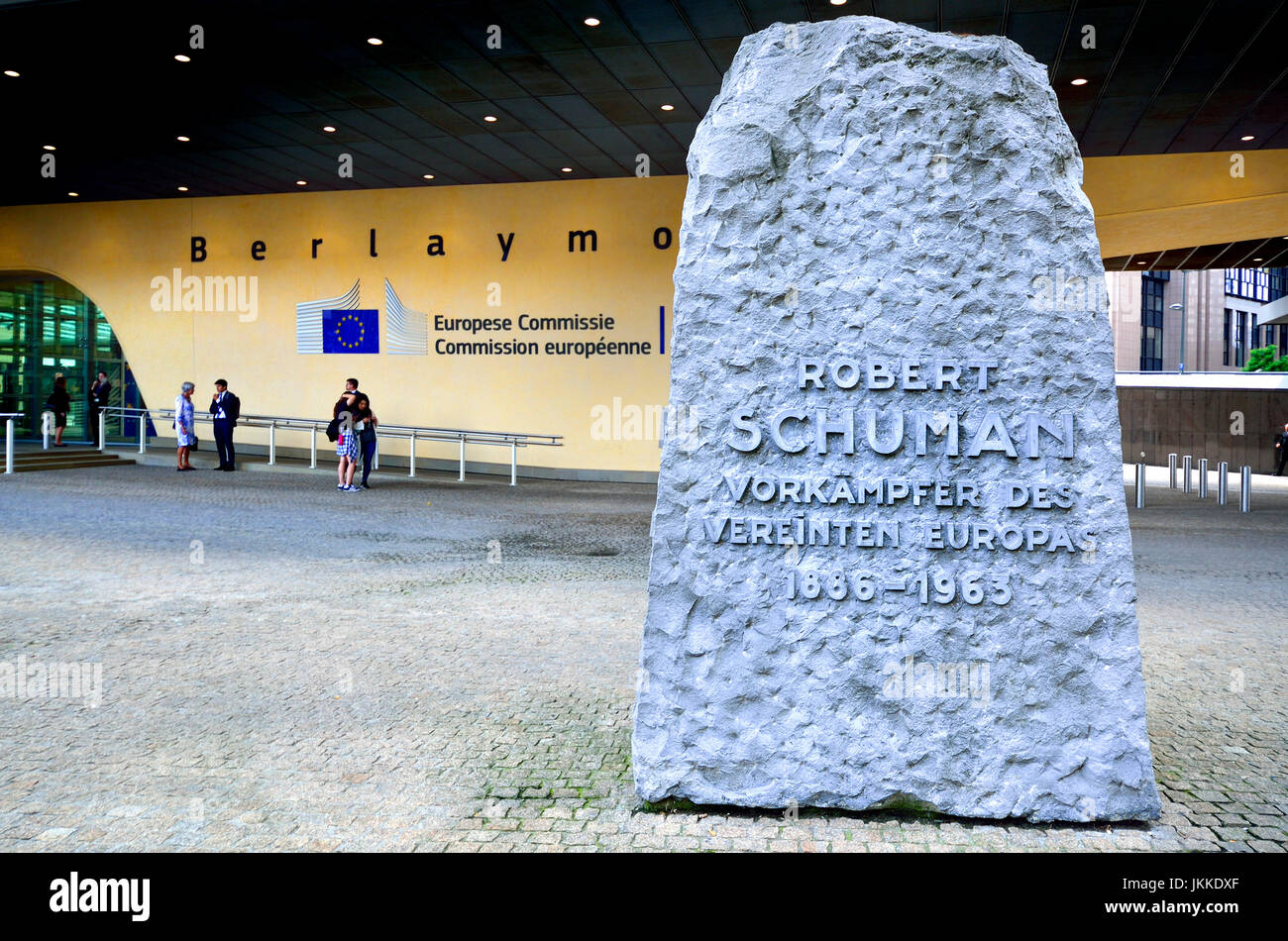 Brussels, Belgium. European Commission Berlaymont building. Monument to Robert Schuman 'Robert Schuman' Promotor of Unified Europe 1886-1963' ... Stock Photo