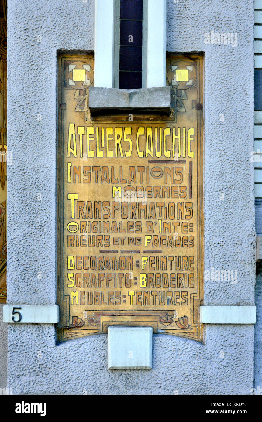 Brussels, Belgium. Maison Cauchie / Cauchie House / Cauchiehuis (Paul Cauchie, 1905: Art Nouveau) at Rue des Francs 5. Detail of the the facade.... Stock Photo