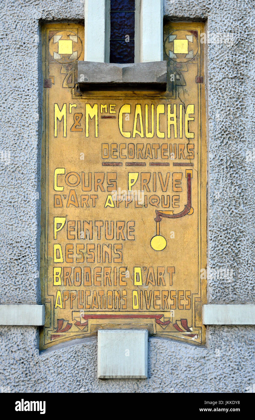 Brussels, Belgium. Maison Cauchie / Cauchie House / Cauchiehuis (Paul Cauchie, 1905: Art Nouveau) at Rue des Francs 5. Detail of the the facade... Stock Photo