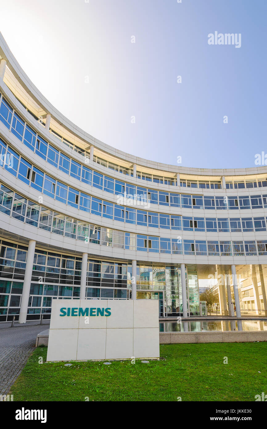 Munich, Germany - April 4, 2016: Modern headquarters office building of German industrial corporation Siemens AG Stock Photo