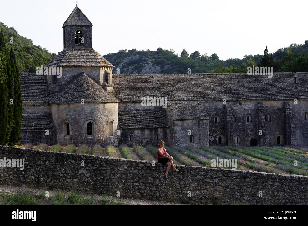 Woman sitting on the wall in front of lavender field by Senanque Abbey, Gordes, Vaucluse, Provence-Alpes-Cote d'Azur, France Stock Photo