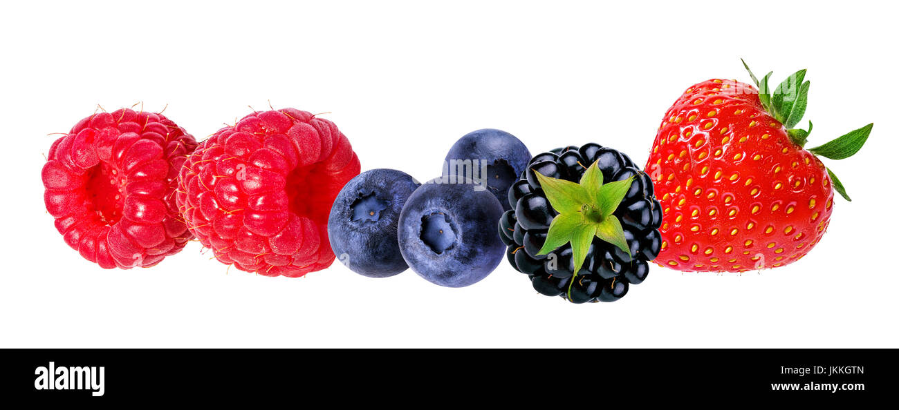 Berries collection. Raspberry, blueberry, currant, blackberry,strawberry isolated on white. Stock Photo