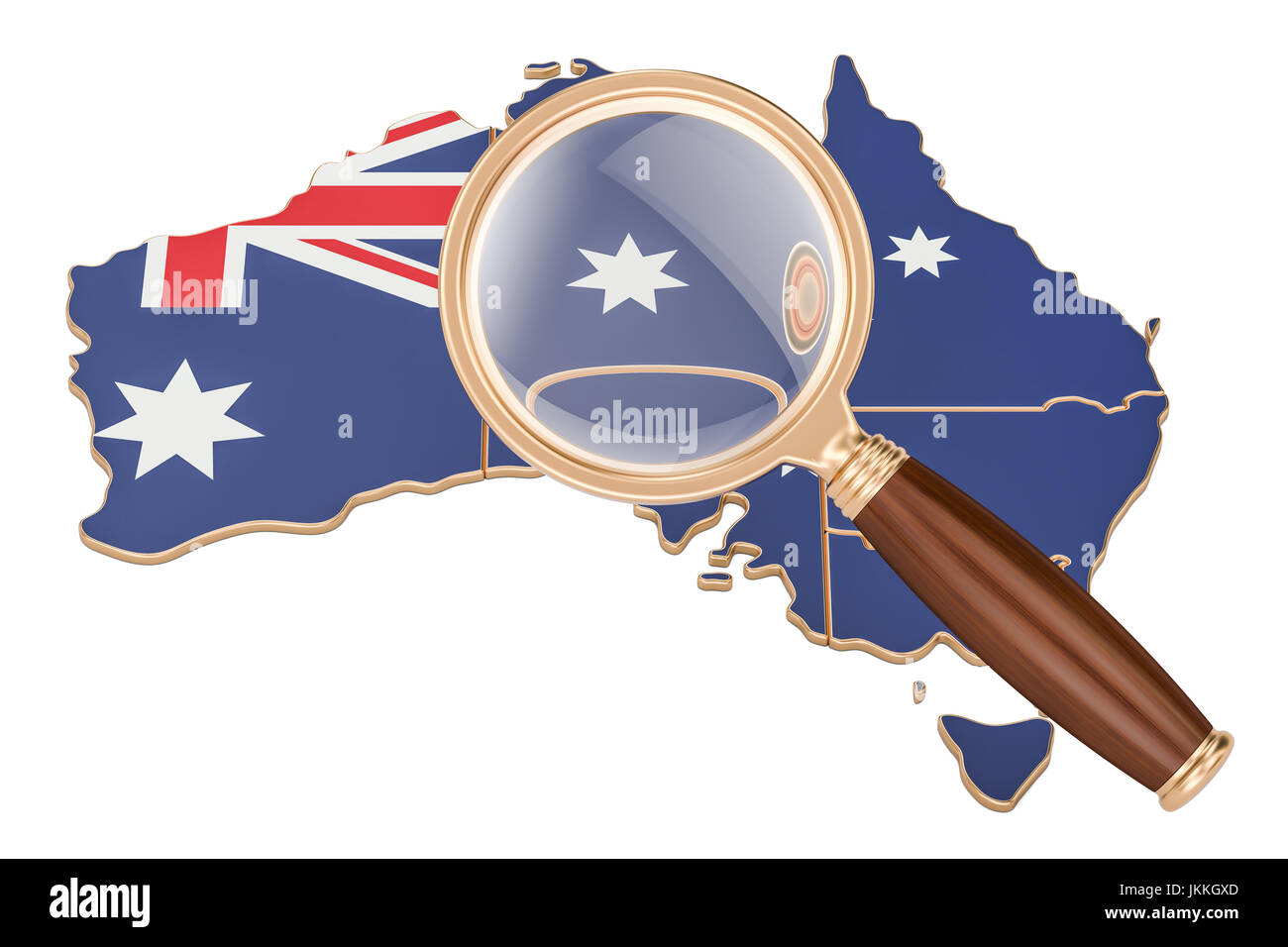 Australia under magnifying glass, analysis concept, 3D rendering