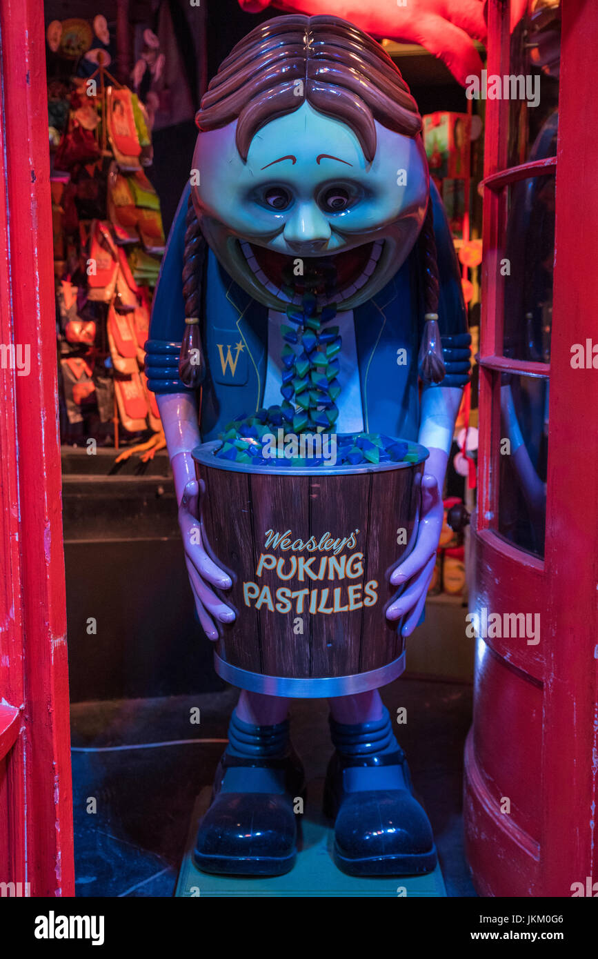LEAVESDEN, UK - JUNE 19TH 2017: A fun statue advertising Weasleys Puking Pastilles, at the Making of Harry Potter Studio tour at the Warner Bros. Stud Stock Photo