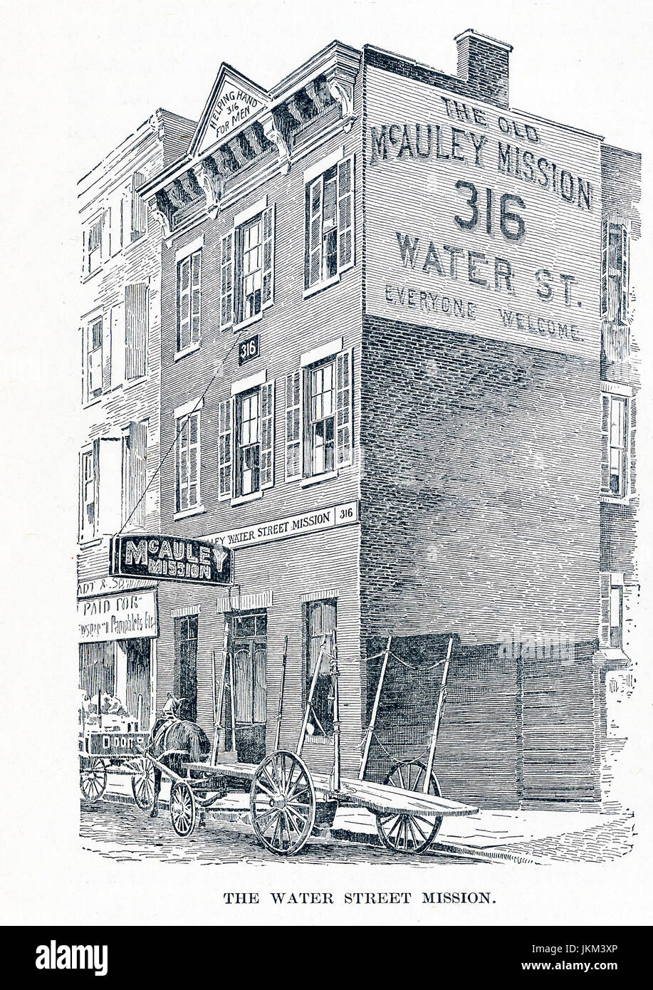 This late 19the-century illustration showst the Water Street Mission at 316 Water Street in New York City. In 1872 businessman Frederick Hatch bought the property in Lower Manhattan that became the Water Street Mission. He had met Jerry McAuley and put him in charge of this new venture - America's first Rescue Mission. Stock Photo