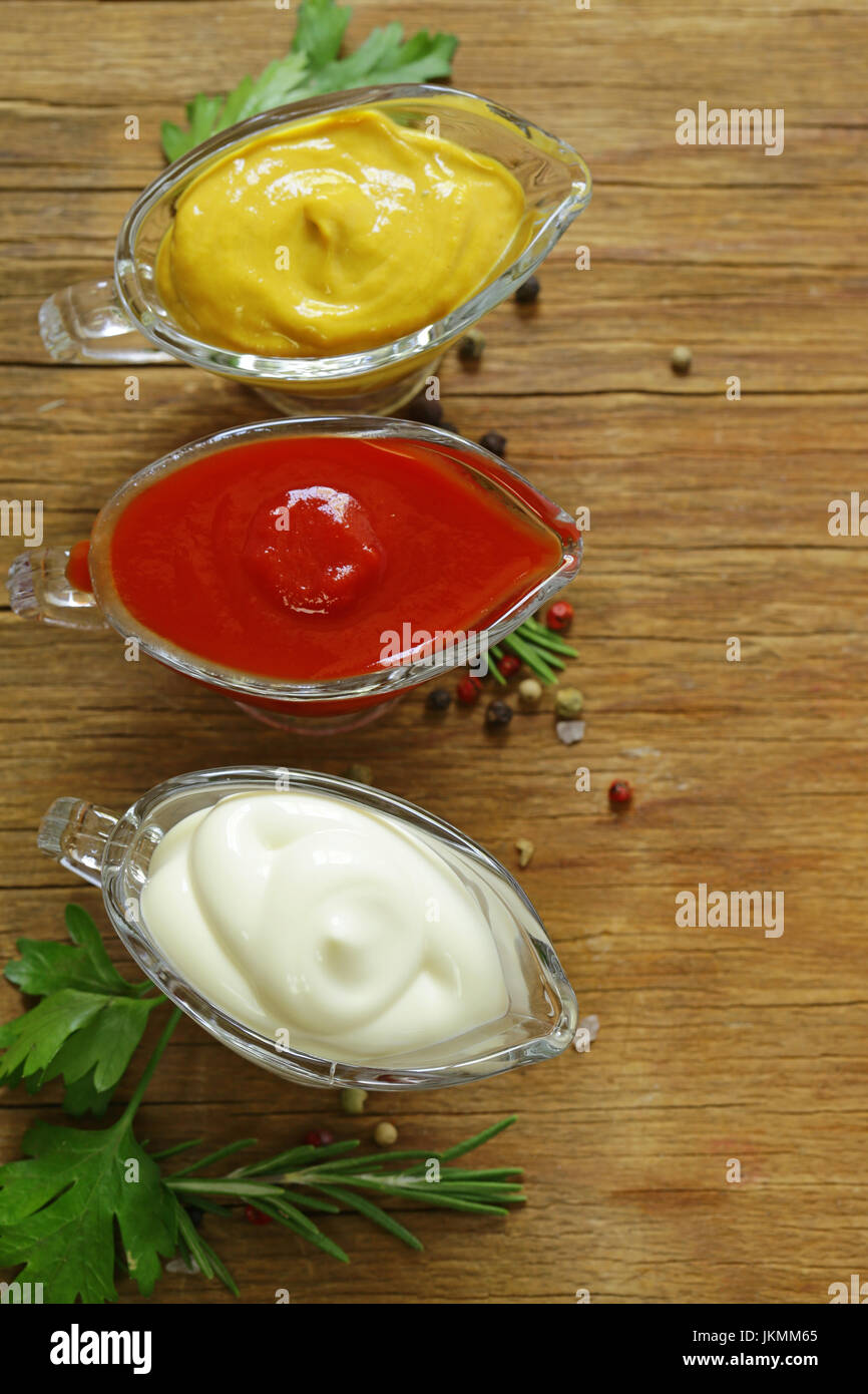 Different types of sauces in glass gravies Stock Photo Alamy