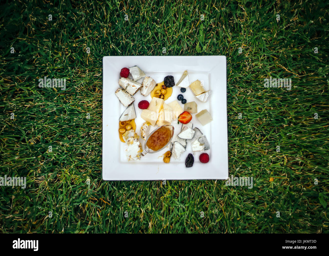 Cheese plate with many kinds of cheese. Exposed on a beautifully trimmed lawn, on a warm summer day. Top view. Stock Photo