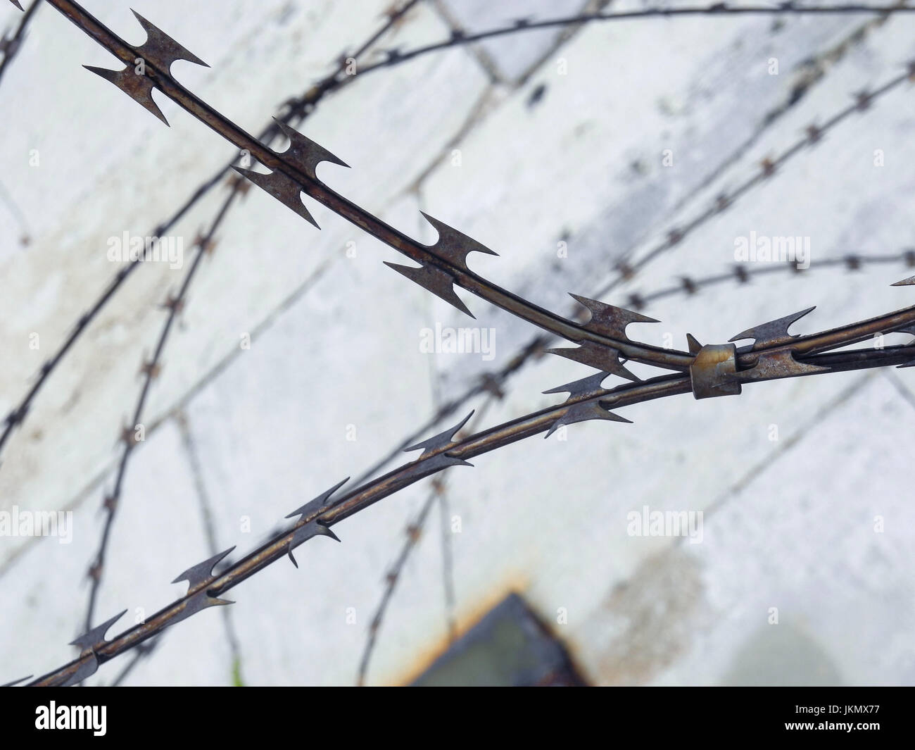 Razor Wire and a Prison Wall Stock Photo
