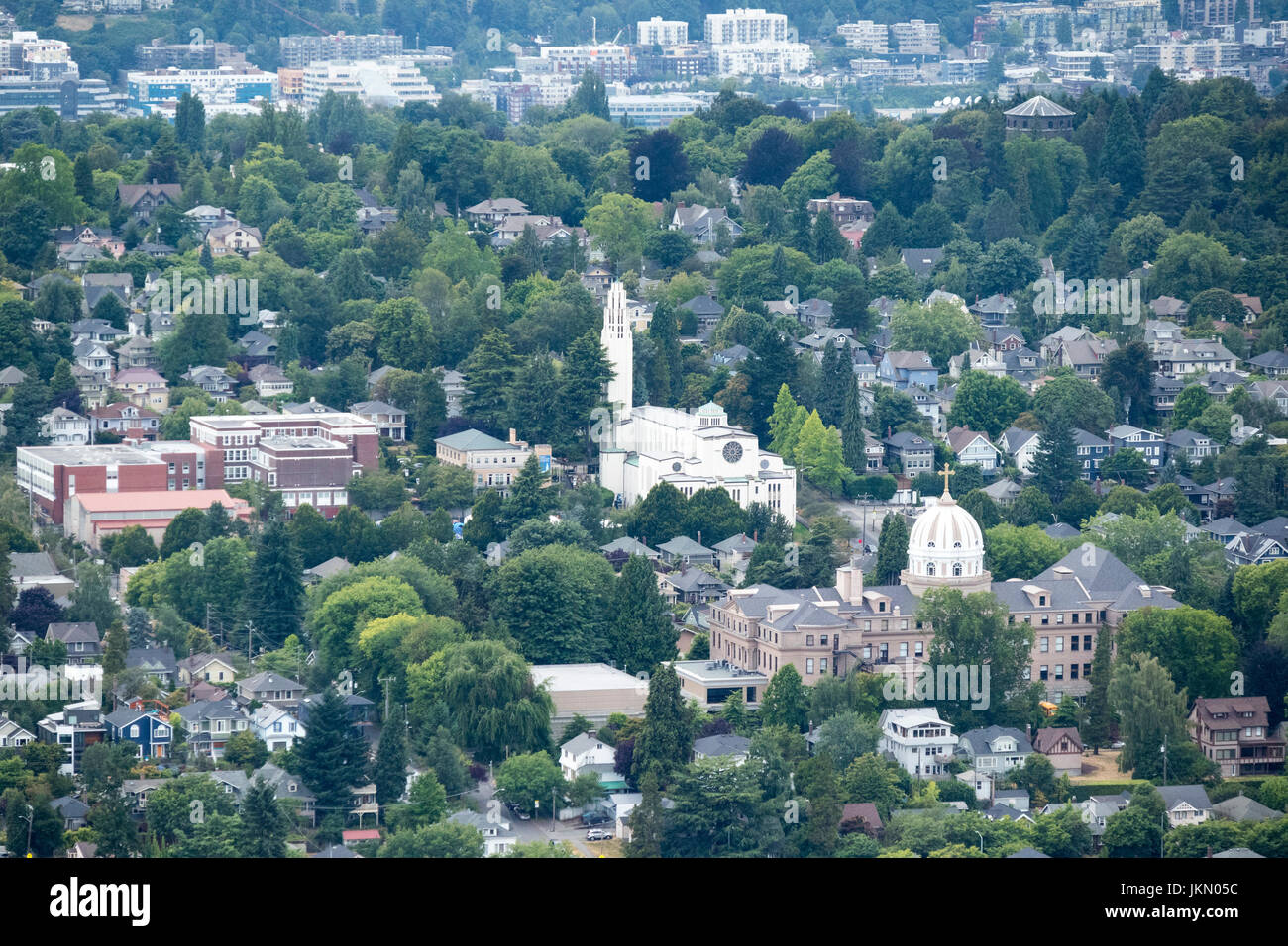 aerial view of St. Joseph's Catholic Church and Holy Names Academy, Capitol Hill, Seattle, Washington State, USA Stock Photo