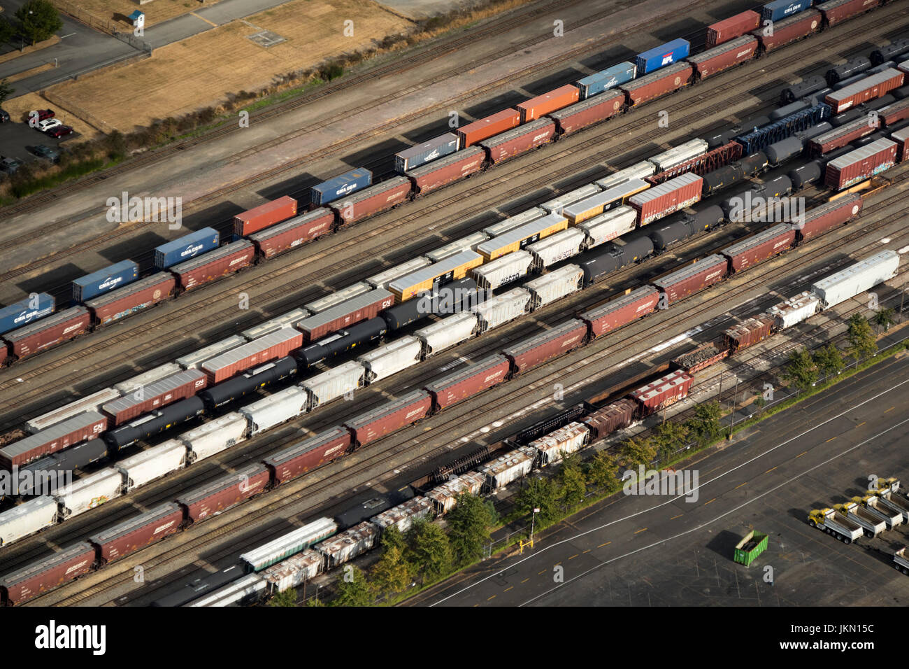 Cars and carriages at Balmer Yard, a rail yard located in the Interbay neighborhood of Seattle, Washington, USA Stock Photo