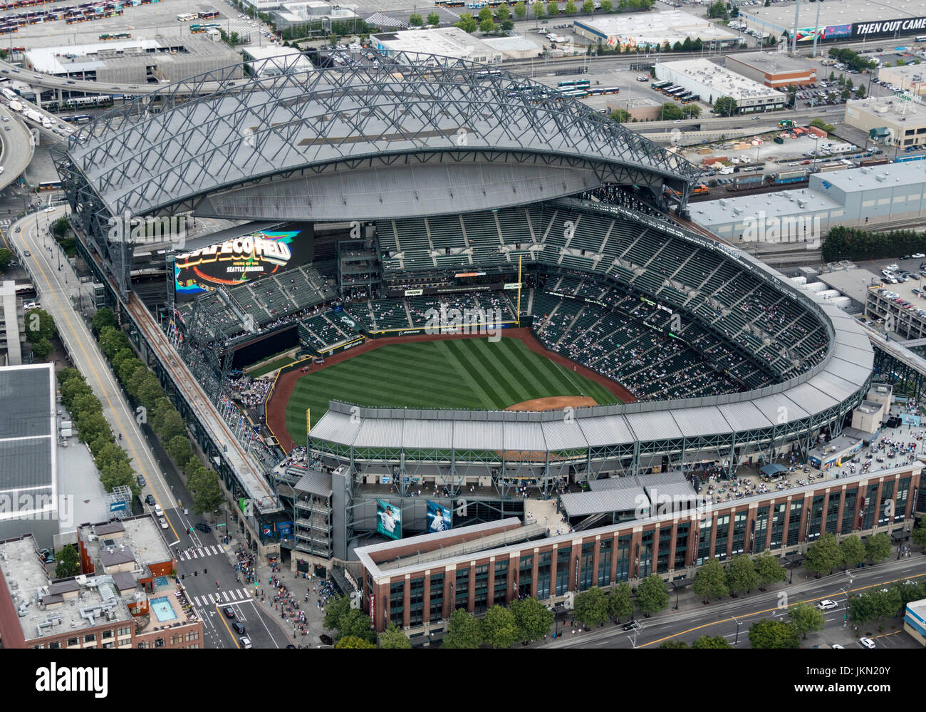 aerial view of Safeco Field retractable roof baseball stadium, Seattle, Washington, USA Stock Photo