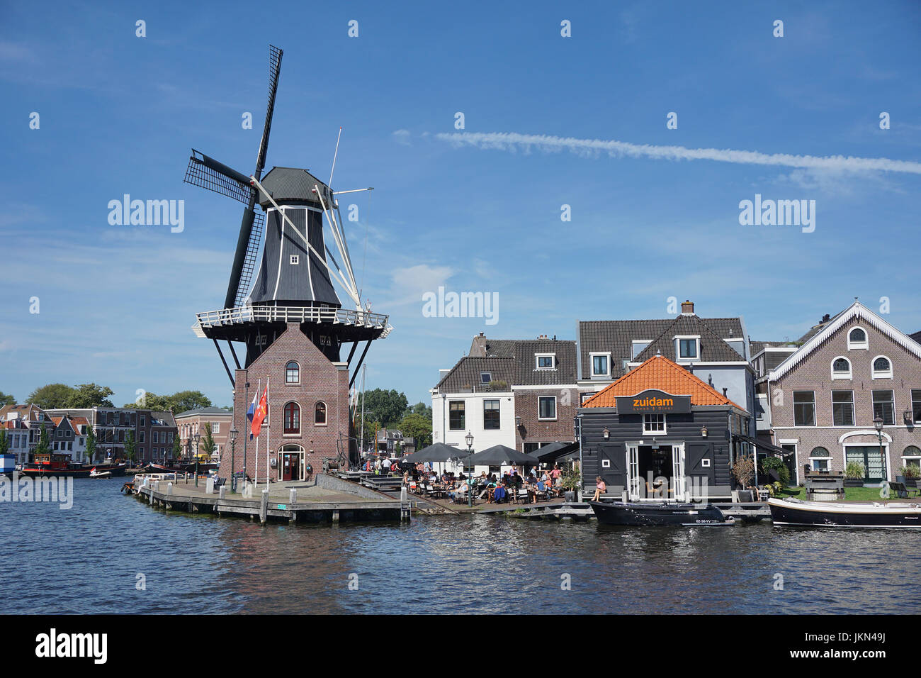 De Adriaan a windmill in Haarlem the Netherlands.Burnt down in 1932 and rebuilt in 2002.The original windmill dates from 1779.Incl Restaurant Zuidam Stock Photo