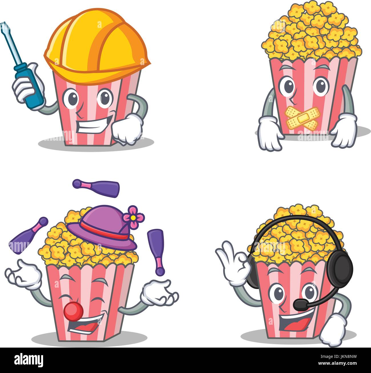 Set of Popcorn character with automotive silent juggling headphone Stock Vector