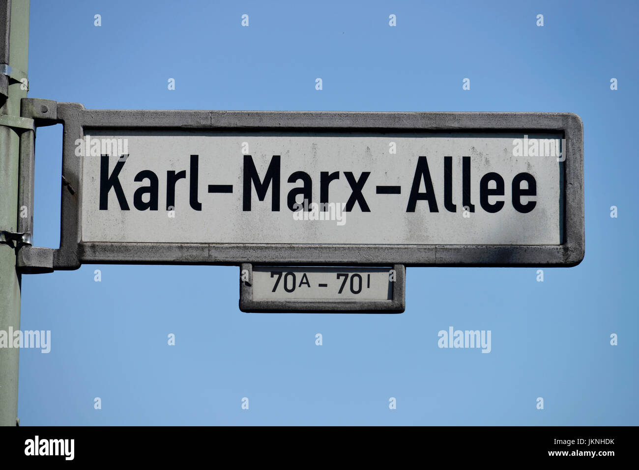 Street sign, Karl's Marx avenue, Friedrich's grove, Berlin, Germany, Strassenschild, Karl-Marx-Allee, Friedrichshain, Deutschland Stock Photo