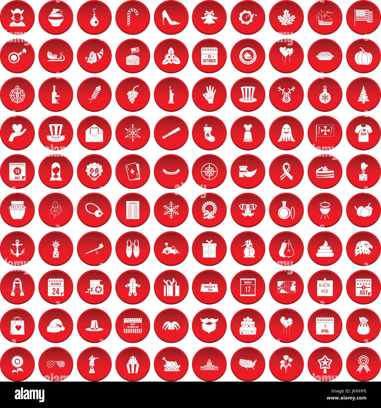 100 national holiday icons set in red circle isolated on white vector illustration Stock Vector