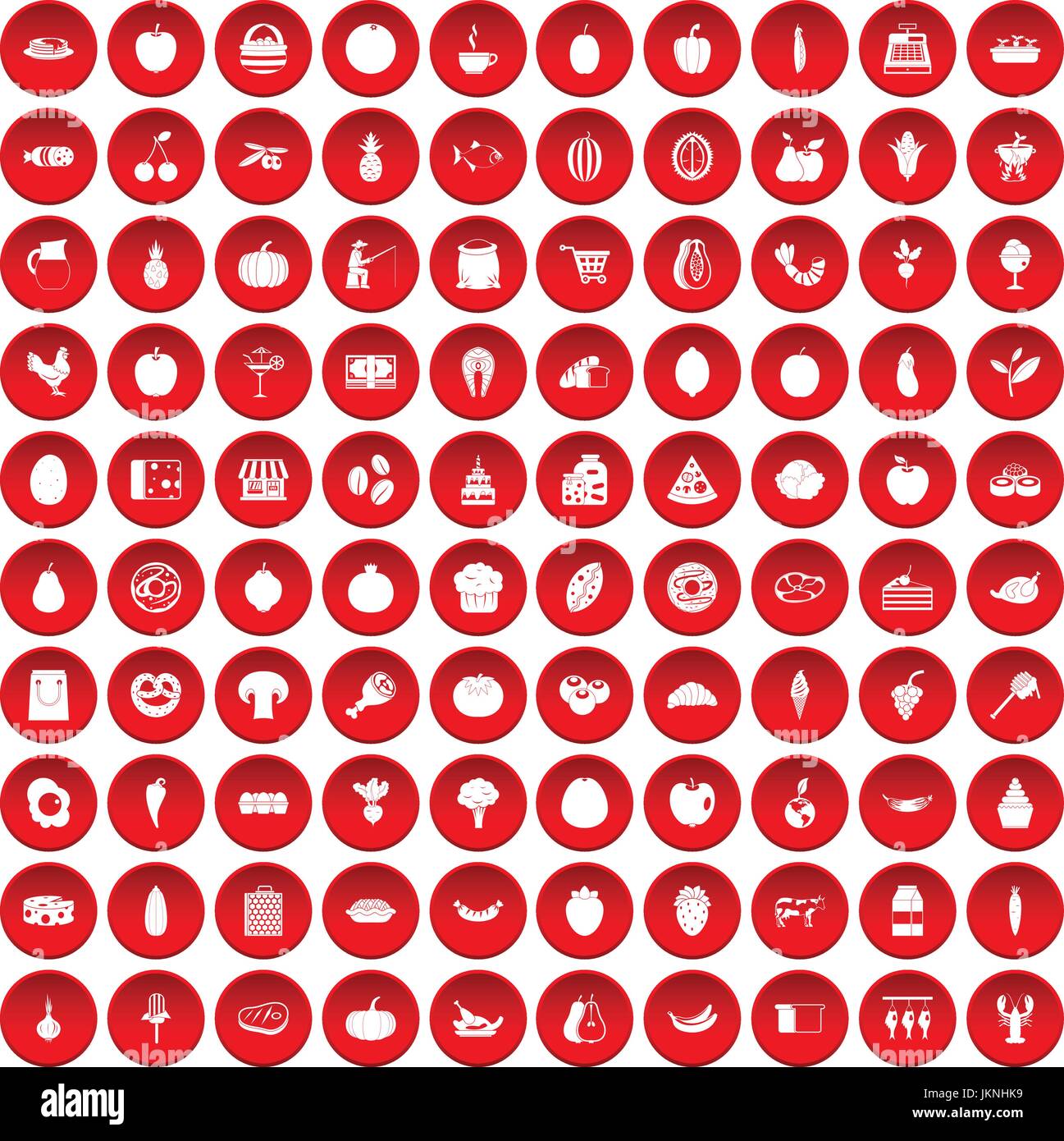 100 natural products icons set in red circle isolated on white vector illustration Stock Vector