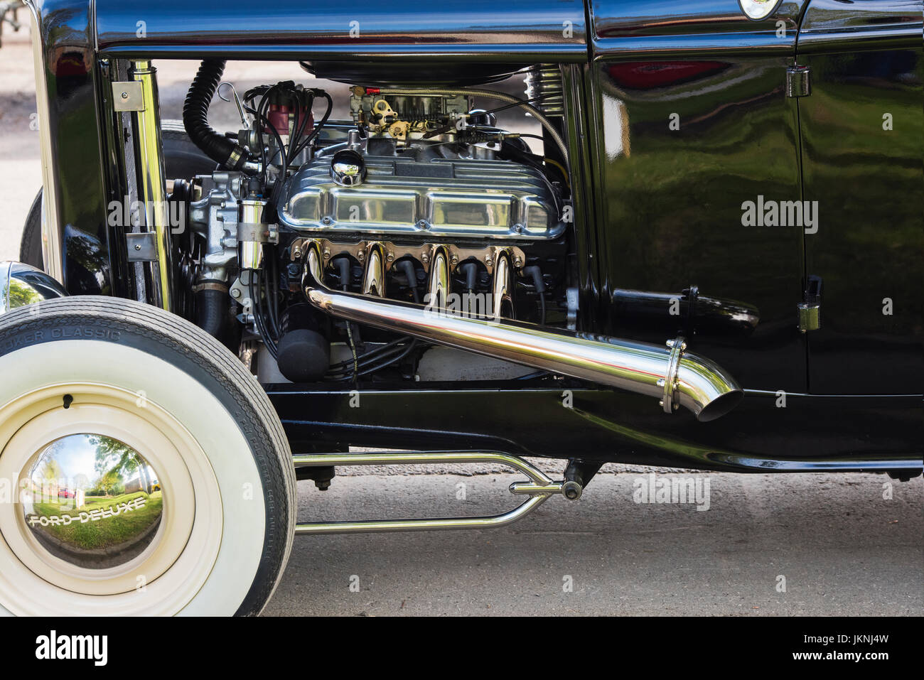 Custom Ford Hotrod engine at an American car show. Essex, England